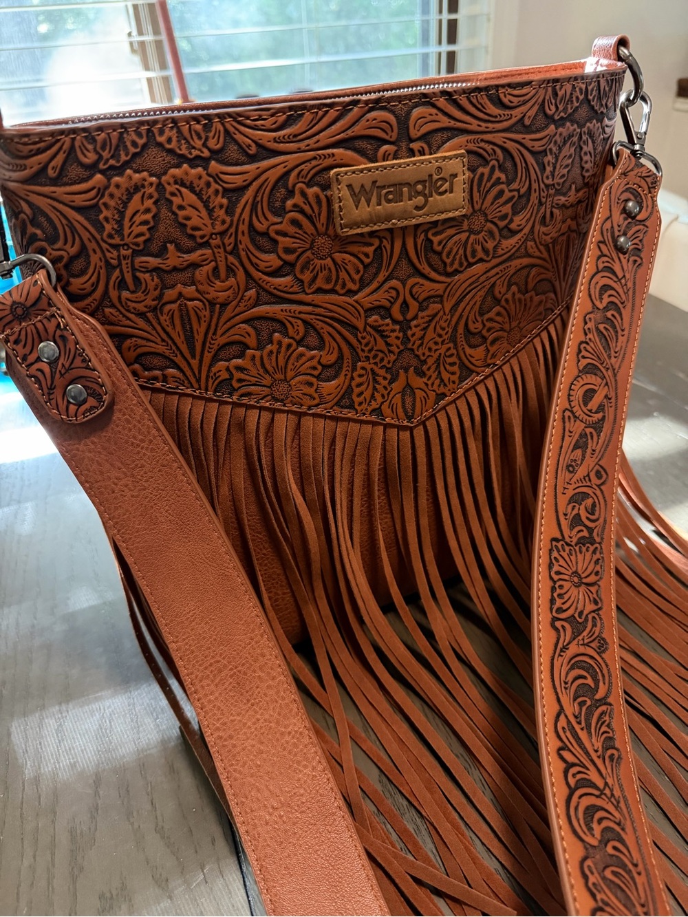Wrangler Tan Floral Tooled Fringe Crossbody Bag